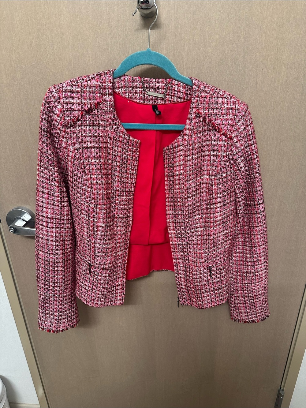White House Black Market Pink Tweed Collarless Blazer size 8